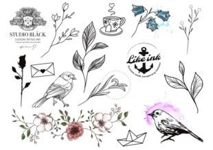 Tatuajes falsos con motivos de plantas, pájaros, ramas y flores. Tatuaje hermoso.