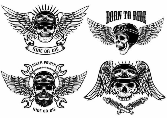 Tatuajes "Born To Ride", calaveras con alas.