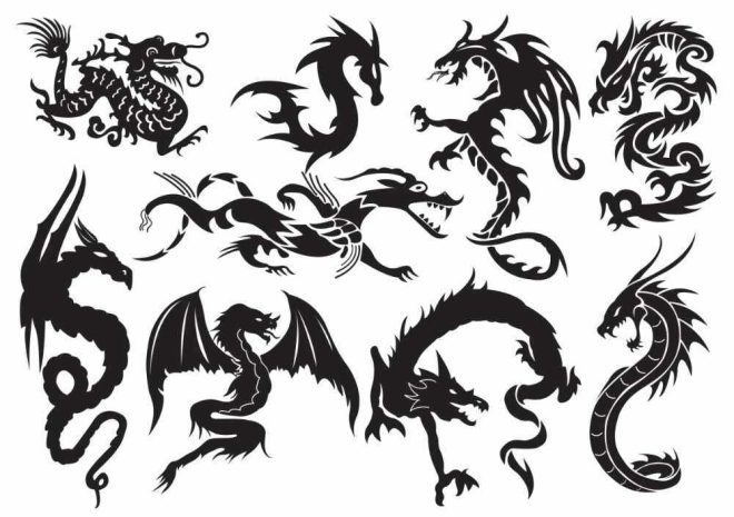 Tatuajes de dragones. Dragones negros como tatuajes temporales.