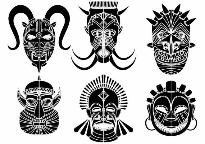Tatuajes de máscaras tribales. Máscaras tribales negras como tatuajes temporales.