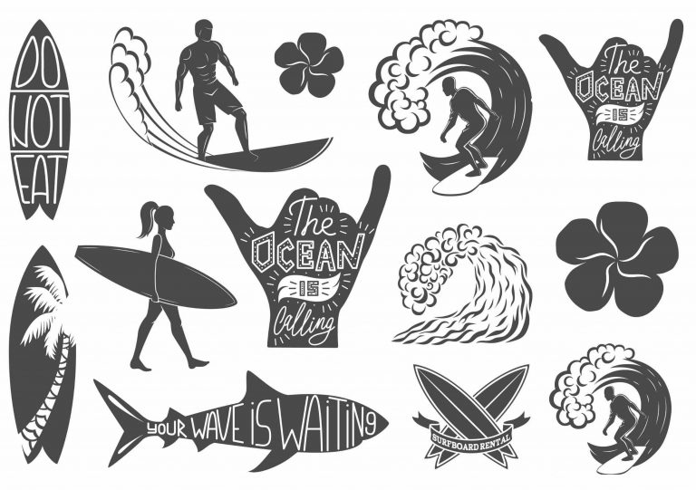 Tatuajes de un solo uso con motivos de surf. Hang loose, tatuajes de surf negros. Tatuaje de ola.