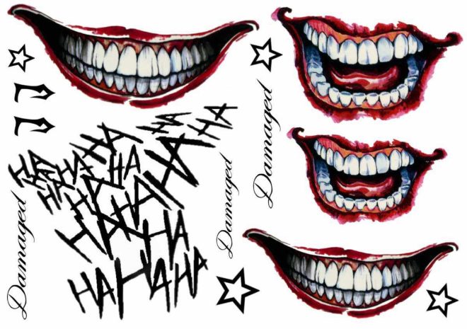 Tatuajes de Joker en la cara. Tatuaje de la boca del Joker, tatuaje Dañado del Joker, tatuaje temporal HAHAHA. Tatuaje de estrella. Compra el tatuaje de Joker en Like ink