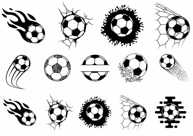 Tatuajes falsos con muchos balones de fútbol. Tatuajes de balón de fútbol en blanco y negro de Like ink.