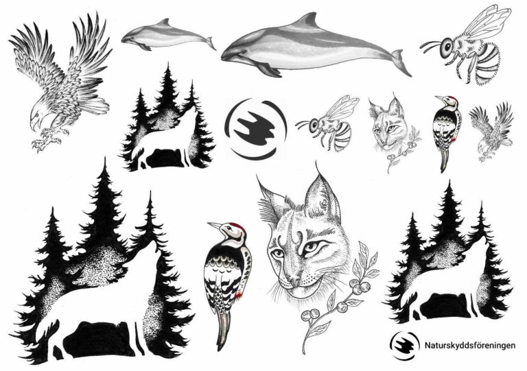 Tatuajes de Naturskyddsföreningen con motivos de lobo, marsopa y lince.