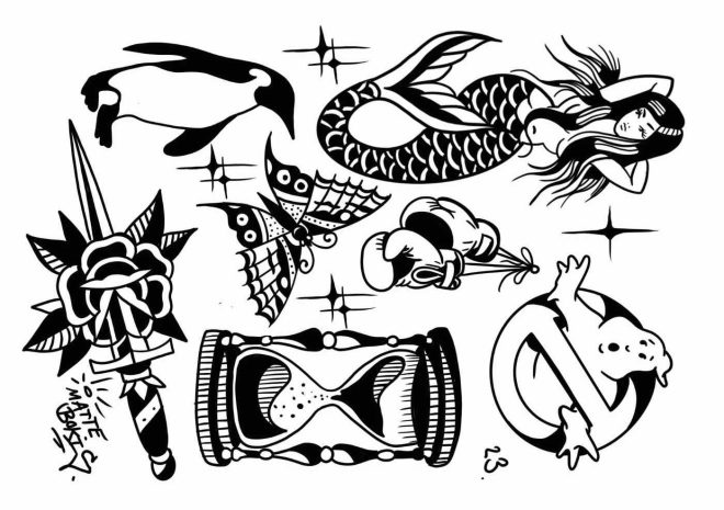 Tatuajes temporales en blanco y negro con motivos de sirena, guantes de boxeo y reloj de arena de Real Fake Tattoos de Like ink.