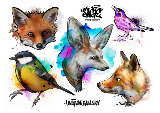 Tatuajes coloridos en estilo callejero y grafiti por el artista Sagie Tattoo. Tatuajes temporales de acuarela de un zorro, pájaros por Unikum Gallery para Like ink