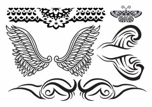 Una colección de cinco diferentes tatuajes temporales negros diseñados para ser aplicados como "Tramp Stamp" (tatuajes en la parte baja de la espalda), con tamaños que varían de 6 a 19 cm. Esta colección incluye motivos distintivos: Un diseño tribal complejo que resalta líneas afiladas y curvas, típico del estilo tribal. Alas que se extienden con patrones detallados de plumas, transmitiendo una sensación de libertad y escape. Una mariposa con las alas desplegadas, simbolizando la transformación y la efímera belleza. Un tatuaje con un patrón de mandala tribal, donde los intrincados patrones se entrelazan en un diseño armónico que simboliza el equilibrio y la unidad. Cada tatuaje está diseñado con precisión para imitar la apariencia de los tatuajes permanentes y ofrece una solución temporal para aquellos que desean decorar su cuerpo sin un compromiso a largo plazo.