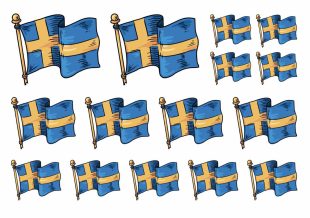 Tatuajes temporales de banderas de Suecia de Like Ink. Las banderas están diseñadas al estilo de tatuajes con líneas de contorno definidas y colores amarillo-azul encantadores.